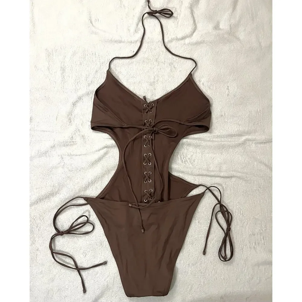 Skims Recycled Swim Lace Up String Monokini 4X Rich Cocoa Brown OP-BRF-2794 NEW